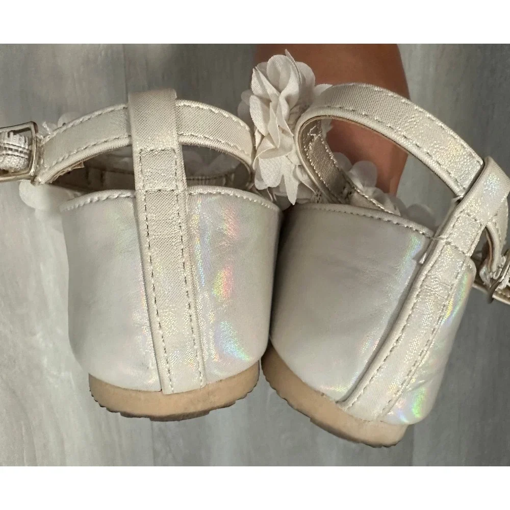 Sugar Girls White Iridescent Flower Ankle Strap Ballet Flats‎ Size 13